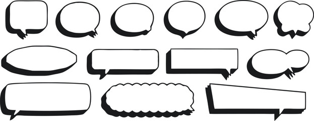 Obraz premium Hand drawn speech bubble set with bold black outlines and shadows. Collection of comic dialog boxes, chat balloons and message frames for social media, stickers, comics and design. Minimal vector
