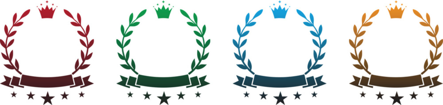 Laurel wreath badge set with stars and ribbon bases in multiple colors. Classic award emblems for achievement, victory, and certification branding. Clean vector frames isolated for logos, labels, 