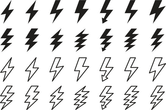 Lightning bolt icon set with bold electric flash symbols in solid and outline styles. Modern energy power sign collection for electricity, voltage warning, technology and charge concepts.