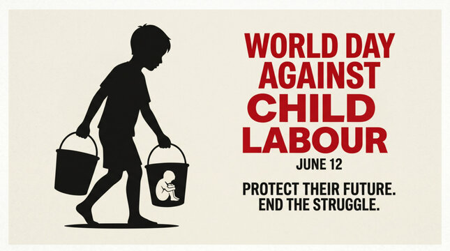 Child labour awareness concept with silhouette of young worker carrying heavy buckets in minimal scene for human rights campaign social justice education and protection message use