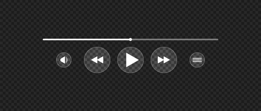 Glass audio video player buttons, Playlist tracker interface icons, Player screen with buttons and music playback bar
