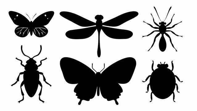 Collection of diverse insect silhouettes including a detailed butterfly elegant dragonfly crawling ant and rounded beetle presented as clean vector graphics on a bright white