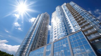Fototapeta premium High-rise apartment exterior facade washed and shining, modern architecture, no people, copy space