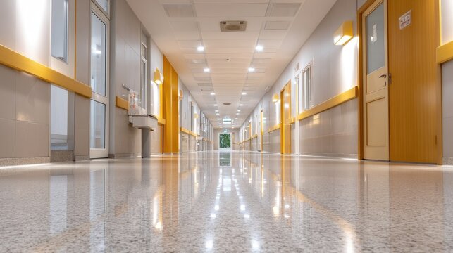 Hospital corridor spotless and bright, sanitation equipment placed neatly against wall, sterile look, no people, copy space