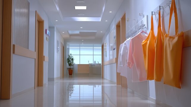 Hospital hallway spotless and bright, sanitation tools aligned against wall, sterile atmosphere, no people, copy space