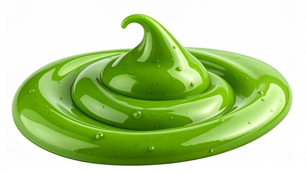 Vibrant glossy green slime or viscous liquid swirl texture on white background, macro shot of bright green cream or paint, wet texture, fluid, cosmetic product, studio shot
