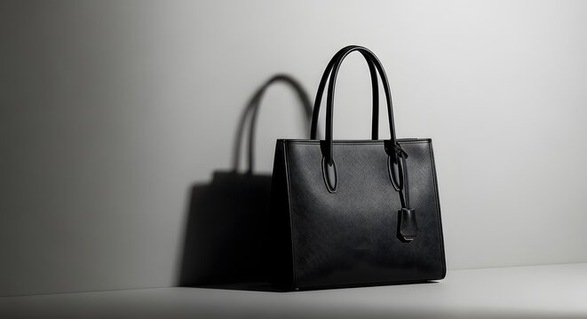 Elegant black leather handbag with a matching tag casting a subtle shadow on a minimalist studio background