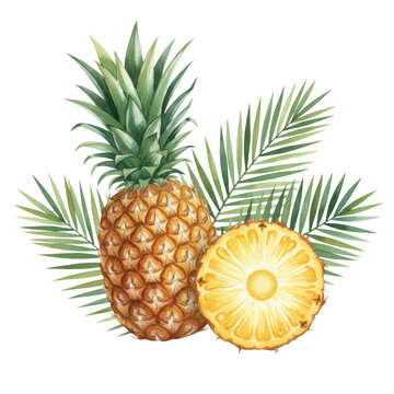 A vibrant watercolor still life of a whole and sliced pineapple with lush green palm leaves, delicately painted on a transparent background, tropical freshness concept