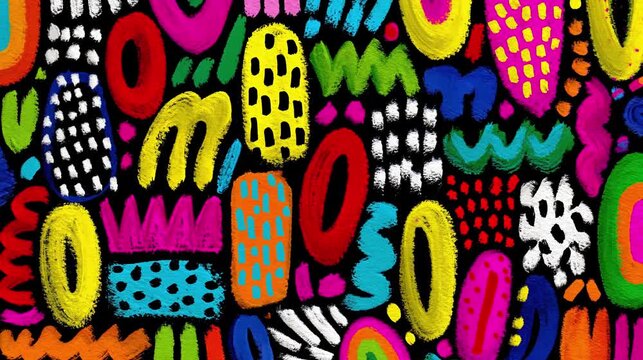 This short animation features bright hand drawn abstract shapes forming lively patterns. The loop keeps repeating, creating a vibrant visual experience filled with colors and designs