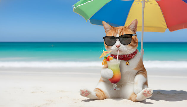 夏のビーチでバレーボールやドリンクを楽しむ擬人化した猫たちの海辺の休暇