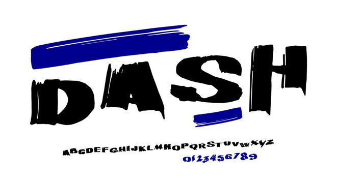 Handwritten brush sans serif font in racing style. Letters and numbers for logo and t-shirt design. White print on black background