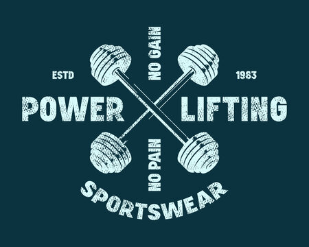 Emblem for powerlifting club. Graphic design with rough texture for t-shirt. Blue print on dark background