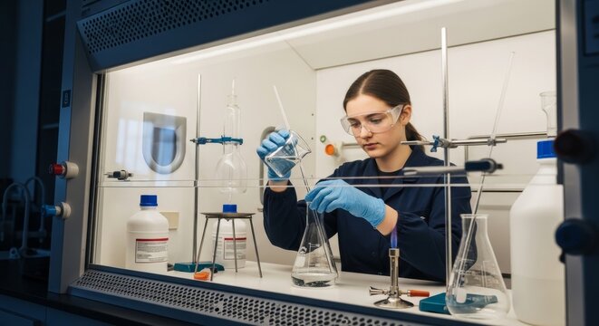 Student performing chemistry experiment in fume hood