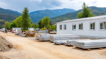 Fototapeta premium Construction Site with Modular Buildings and Metal Sheets Surrounded by Mountains and Clear Blue Sky
