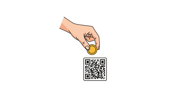 Hand holding coin over QR code.
