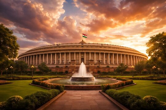 The Indian Parliament building with a fountain in the foreground at sunset
