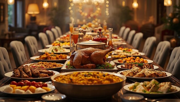 Luxury festive buffet dinner spread with traditional foods on long dining table