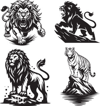 Majestic Wild Cats Silhouette Set &ndash; Lion and Tiger Vector Illustration