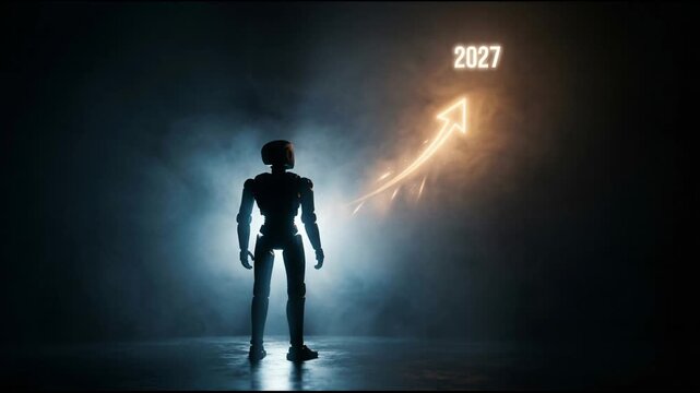 Robot looking at glowing arrow pointing towards 2027. Futuristic machine watching light symbol of new year. Progress concept for upcoming celebration of year 2027.