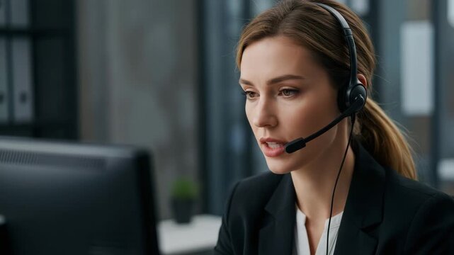 Woman wearing headset working on computer in office environment