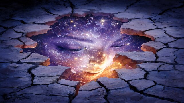 Cosmic Alien Face Emerging From Cracked Earth