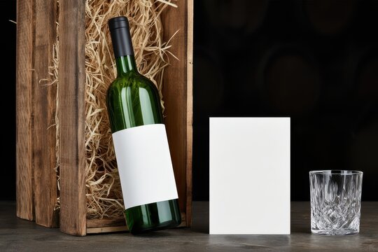 A green wine bottle with a blank label sits in a wooden crate filled with straw next to a glass.