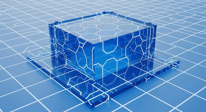 Transparent blue cube structure with internal glowing geometric pattern resting on a digital grid, representing data processing or technology