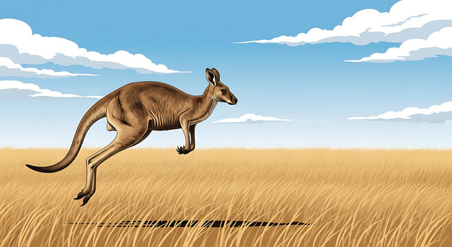 Kangaroo jumping through a field of tall grass under a blue sky