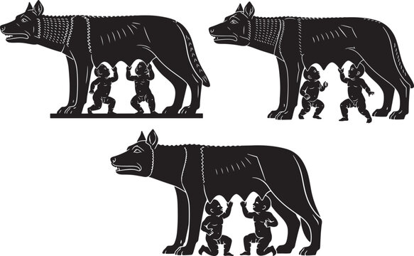 Three stylized black and white illustrations of the capitoline wolf suckling romulus and remus with foundation of rome roman history ancient history classical mythology artistic representation