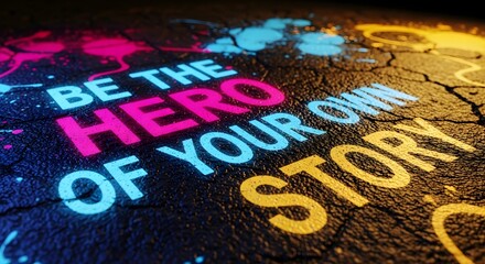 Obraz premium Neon lit street art proclaims 'be the hero of your own story ' inspiring self reliance and personal empowerment in an urban setting