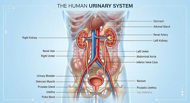 Human Urinary System: Detailed Anatomical Illustration with Anterior View of Kidneys, Ureters, Bladder, and Pelvic Structure.