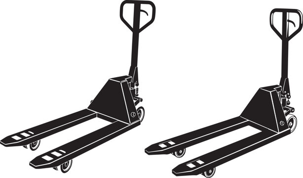 Pair of manual hand pallet trucks for warehouse logistics with pallet jack storage facility warehouse logistics forklift transport delivery industrial shipping equipment distribution