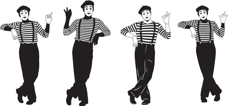 Four mime artists in traditional costume and makeup performing different poses and gestures with performer performing expression theatrical character pantomime entertainer silhouette isolated