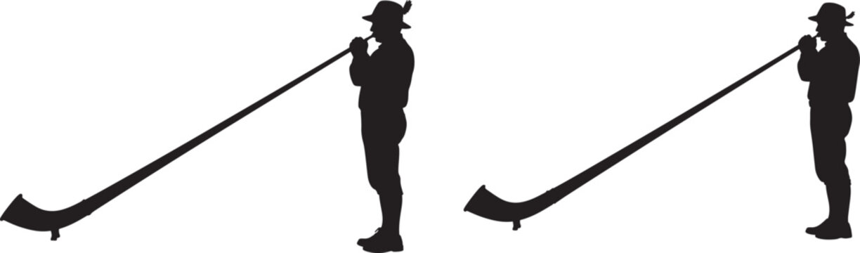 Two figures playing traditional swiss alphorns silhouettes with long curved horns and hats silhouette traditional instrument folklore performer mountain heritage standing musician festival
