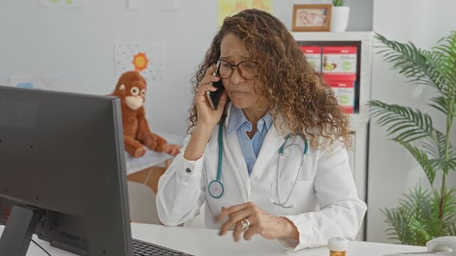 Woman doctor holding smartphone to ear while pointing at computer screen, stethoscope on neck in building; patient care concern.