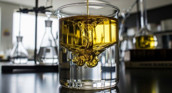 Viscous Yellow Liquid Poured Into Beaker of Water