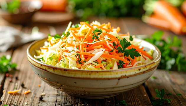 Bowl of fresh carrot and cabbage salad on rustic wooden table, healthy and tasty meal concept, appetizing food. Cooking and culinary