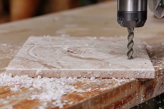 Close-up of a CNC router bit carving intricate patterns into a marble slab, creating dust.