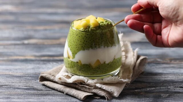 Chia pudding on coconut milk with matcha tea, mango slices and yoghurt in a glass. Healthy eating	
