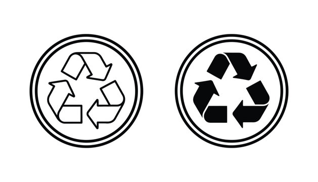 Universal recycling symbol icon set featuring circular arrow design in linear and solid black vector style for waste management and environmental sustainability communication materials and graphics