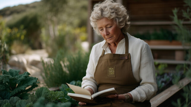 Elderly white woman carefully tending a sustainability-branded community garden plot, wearing an apron with a green brand logo patch, reading a seed packet with labeled environmental impact data, ec