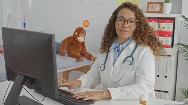 Woman doctor at computer points finger while typing on keyboard, stethoscope visible in clinic office building; reassurance care trust.