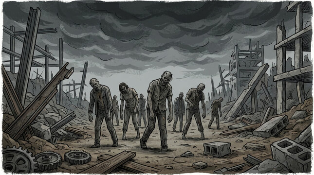 A group of zombies shambling forward in a desolate landscape.