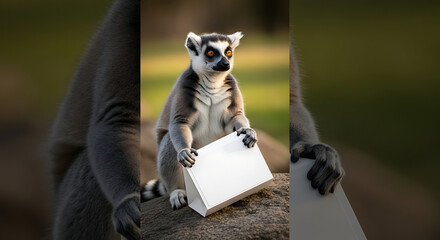 Fototapeta premium Ring-tailed lemur holding a blank white card with copy space in an outdoor setting, natural light, curious expression, wildlife photography