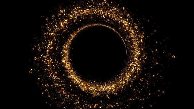 Golden Glitter Background. Gold glittering magic shimmer light sparks particles flare background. glitter light tail, sparkling shining comet trace glitter circle stripes sparkling circle frame 3D 4K