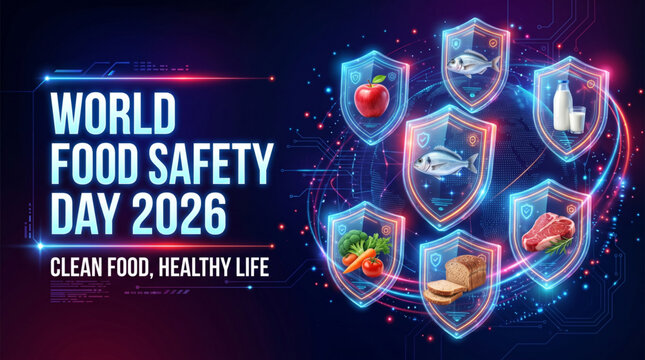Futuristic food safety awareness concept with digital protection shields around food items in glowing network design for hygiene monitoring technology promotion and public health campaign use