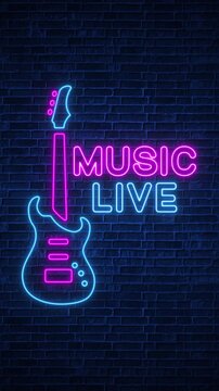 Neon Live Music and Guitar Sign on Brick Wall animation,Glowing Nightclub Logo for DJ Events, Live Music Venues and Party Promotions vertical social media motion background