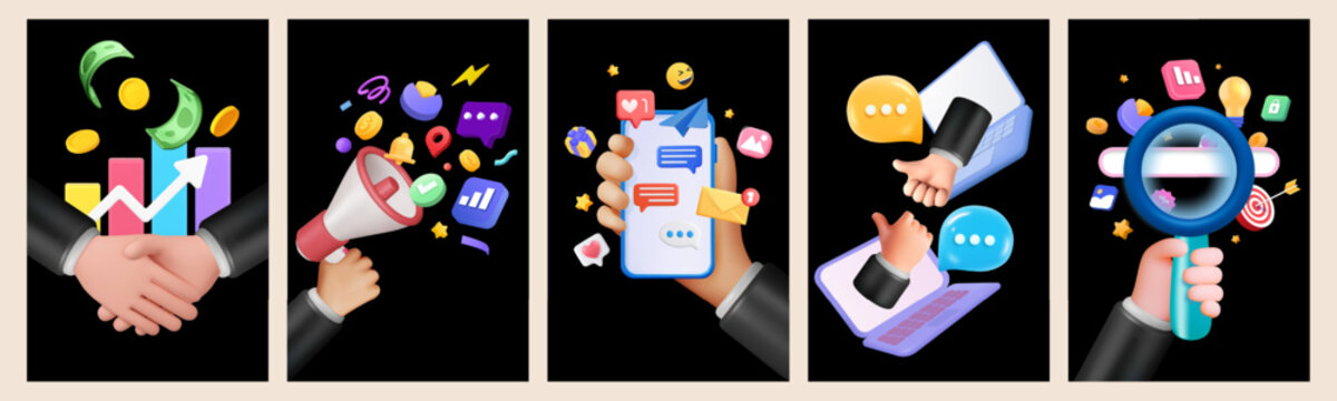 Digital social media business marketing banner with 3d icon. Investment idea, finance startup, brainstorming and stock market success concept background. 3d hand, phone, computer or infographic render