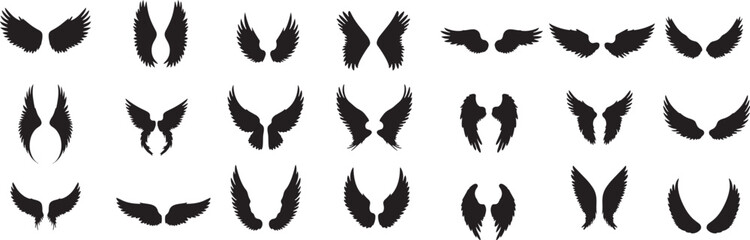 Fototapeta premium Black Angel Wings Silhouette Collection with Various Spread and Feather Styles for Tattoo and Decorative Design