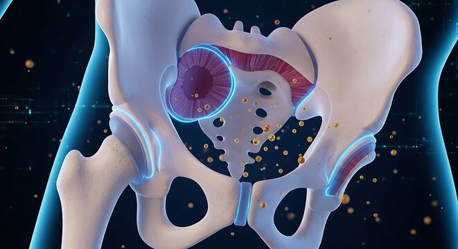3D anatomical illustration of the human pelvis and hip joint highlighting the acetabulum and femoral head with neon blue outlines